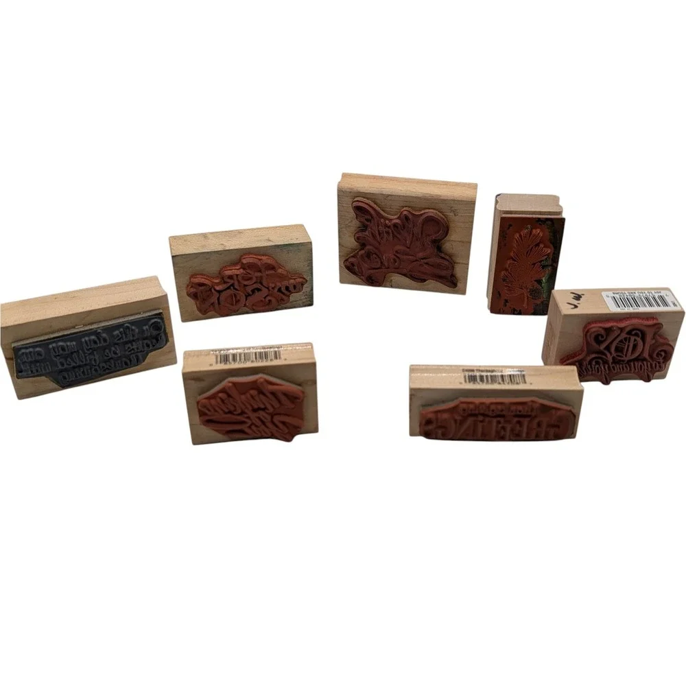 Vintage Wood Mounted Rubber Stamp Set Holidays Sayings Craft Seven Piece Set SEE